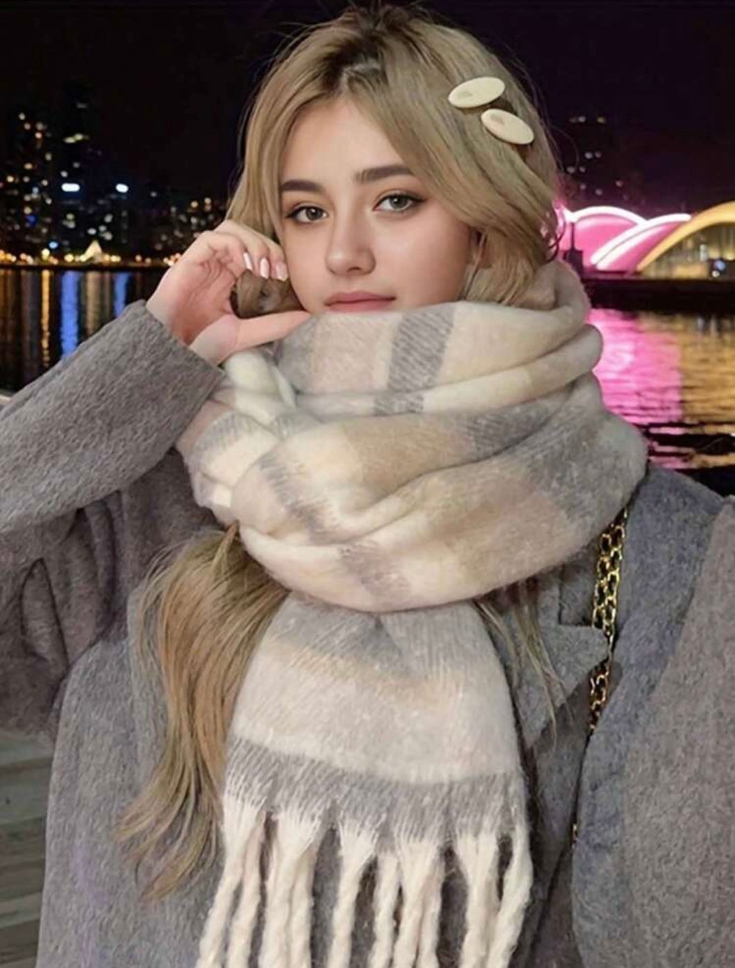 Stripe warm handle scarf - taupe grey