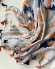 Load image into Gallery viewer, Scarf - Orange blue tie dye with tassels
