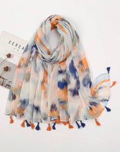 Load image into Gallery viewer, Scarf - Orange blue tie dye with tassels
