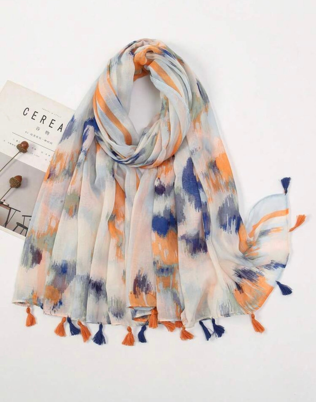 Scarf - Orange blue tie dye with tassels