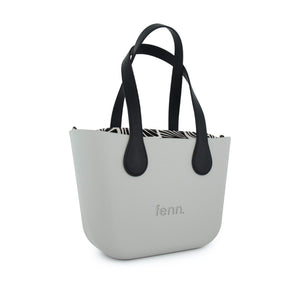 Fenn Petite handbag – Grey – Pattern Inner – Silver Zip – Black Flat Handle