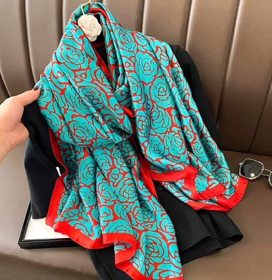 Satin look-and-feel scarf - Blue/red