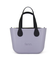 Load image into Gallery viewer, Petite Fenn handbag – Purple/ Lilac – Pattern 57 inner – gold zip – black flat microfibre handle
