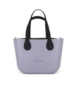 Petite Fenn handbag – Purple/ Lilac – Pattern 57 inner – gold zip – black flat microfibre handle
