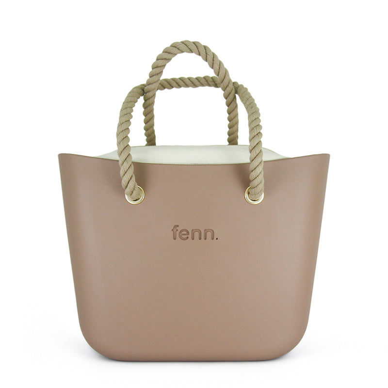Fenn Original Collection – Cappuccino handbag – Beige Inner – Gold Zip – Beige Rope Handle