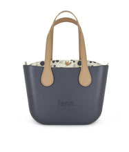 Load image into Gallery viewer, Fenn Petite Collection – Charcoal handbag – Pattern 46 Inner – Gold Zip – Light Tan Flat Microfibre Handle
