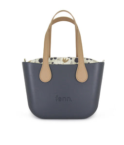 Fenn Petite Collection – Charcoal handbag – Pattern 46 Inner – Gold Zip – Light Tan Flat Microfibre Handle