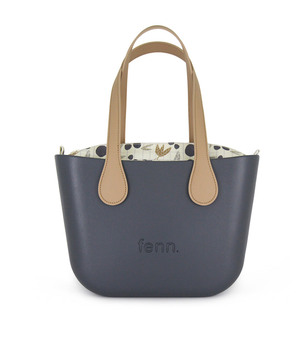 Fenn Petite Collection – Charcoal handbag – Pattern 46 Inner – Gold Zip – Light Tan Flat Microfibre Handle
