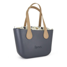 Load image into Gallery viewer, Fenn Petite Collection – Charcoal handbag – Pattern 46 Inner – Gold Zip – Light Tan Flat Microfibre Handle
