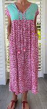 Load image into Gallery viewer, Freda and Dick bib dress - Cerise with mint leopard bib
